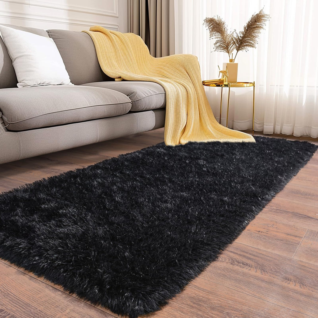 Ailyei Fluffy Shag Runner Rugs for Bedroom Hallways, 2x8 Black Long Soft Throw Area Rug Non Slip for Bedside Dorm, Shaggy Furry Carpet for Nursery Living Room Home Decor