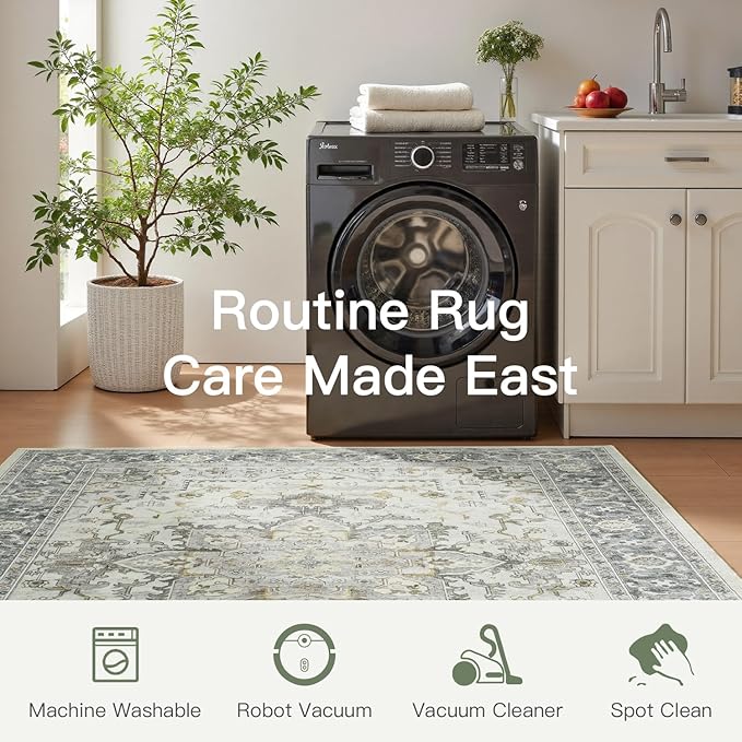 Lofus 9x12 Area Rugs for Living Room, Machine Washable Non-Slip Area Rug, Low Pile Large Rugs for Bedroom, Kitchen, Dining Room, Home Office, Vintage Oriental Print Rug, Taupe Grey