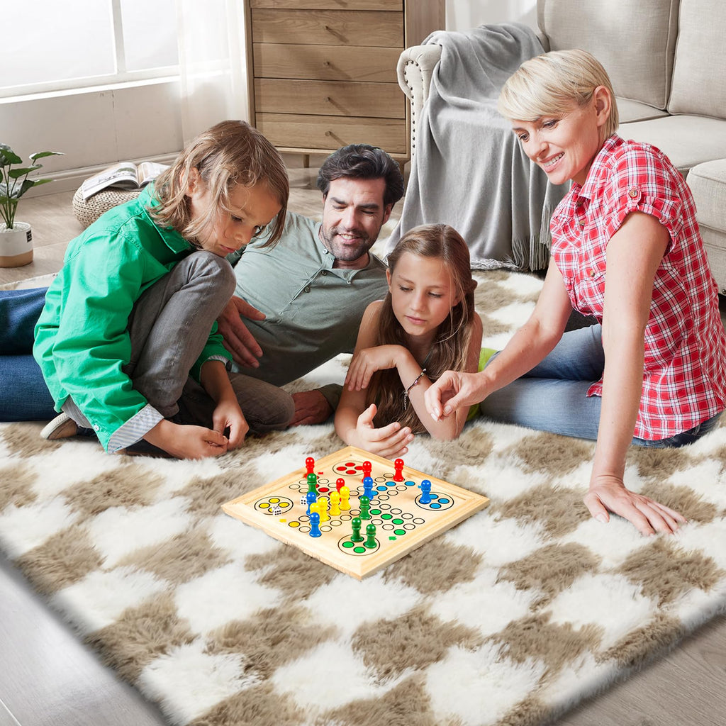Checkered Area Rugs for Living Room 8x10, Fluffy Beige and White Checkered Rug Fuzzy Shag Shaggy Carpets for Bedroom, Soft Plush Furry Rug for Teen Room Dorm Home Decor