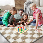 Checkered Area Rugs for Living Room 8x10, Fluffy Beige and White Checkered Rug Fuzzy Shag Shaggy Carpets for Bedroom, Soft Plush Furry Rug for Teen Room Dorm Home Decor