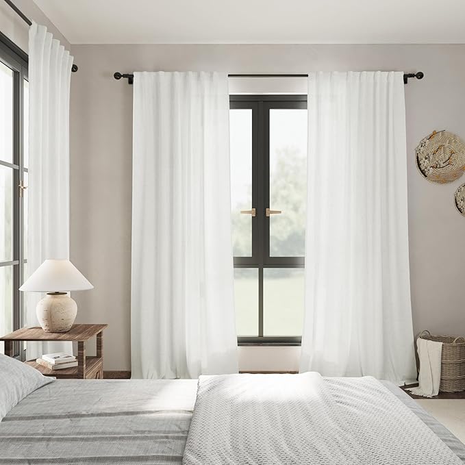 Semi Sheer Linen Curtains 90 Inches Long for Living Room 2 Panels Set Back Tab Pocket Ivory White Tall Vertical Curtains Luxury Light Filter Privacy Curtain Drapes for Bedroom Aesthetic 52X90