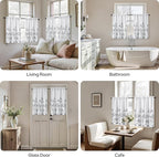 HOMEIDEAS Kitchen Curtains, Short Non-See-Through Privacy 30X24 Inch Length Tier Curtains, Grey and White Leaf Floral Printed Light Filtering Semi Sheer Small Window Drapes for Bathroom Cafe, 2 Panels