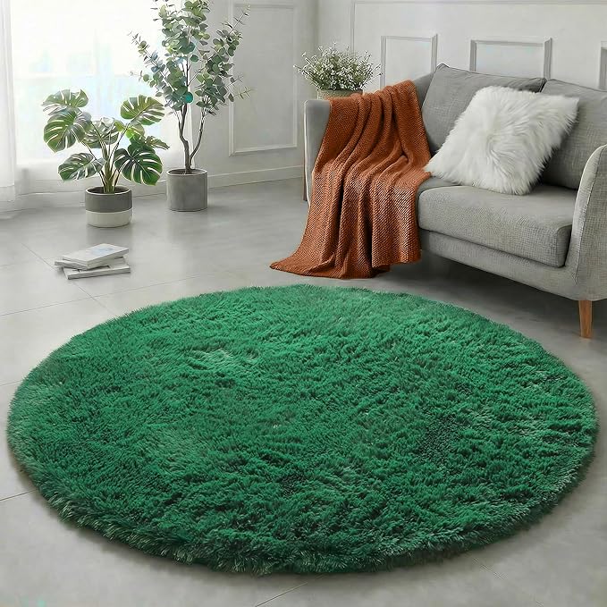 Amdrebio Dark Green Round Rug 6Ft for Living Room Bedroom, Fluffy Thick Floor Circle Area Rugs for Kids Room Decor, Furry Shag Rug for Baby Nursery, Teens Dorm, Fuzzy Plush Cool Emerald Green Carpet