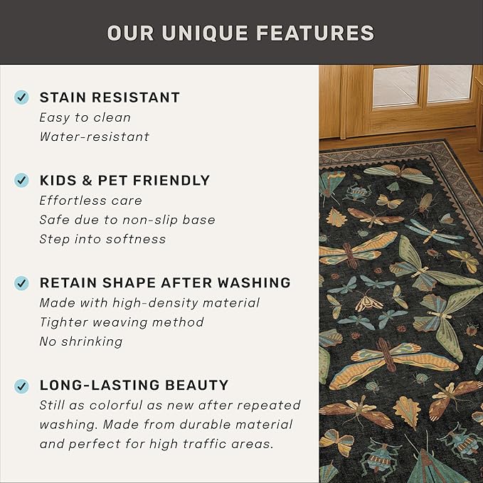 Insect Print Washable 4x6 Entryway Rug - Non-Slip Low Pile Area Rug for Large Kitchen, Bedroom, Office - Ultra Soft Aesthetic Decor, Black & Brown
