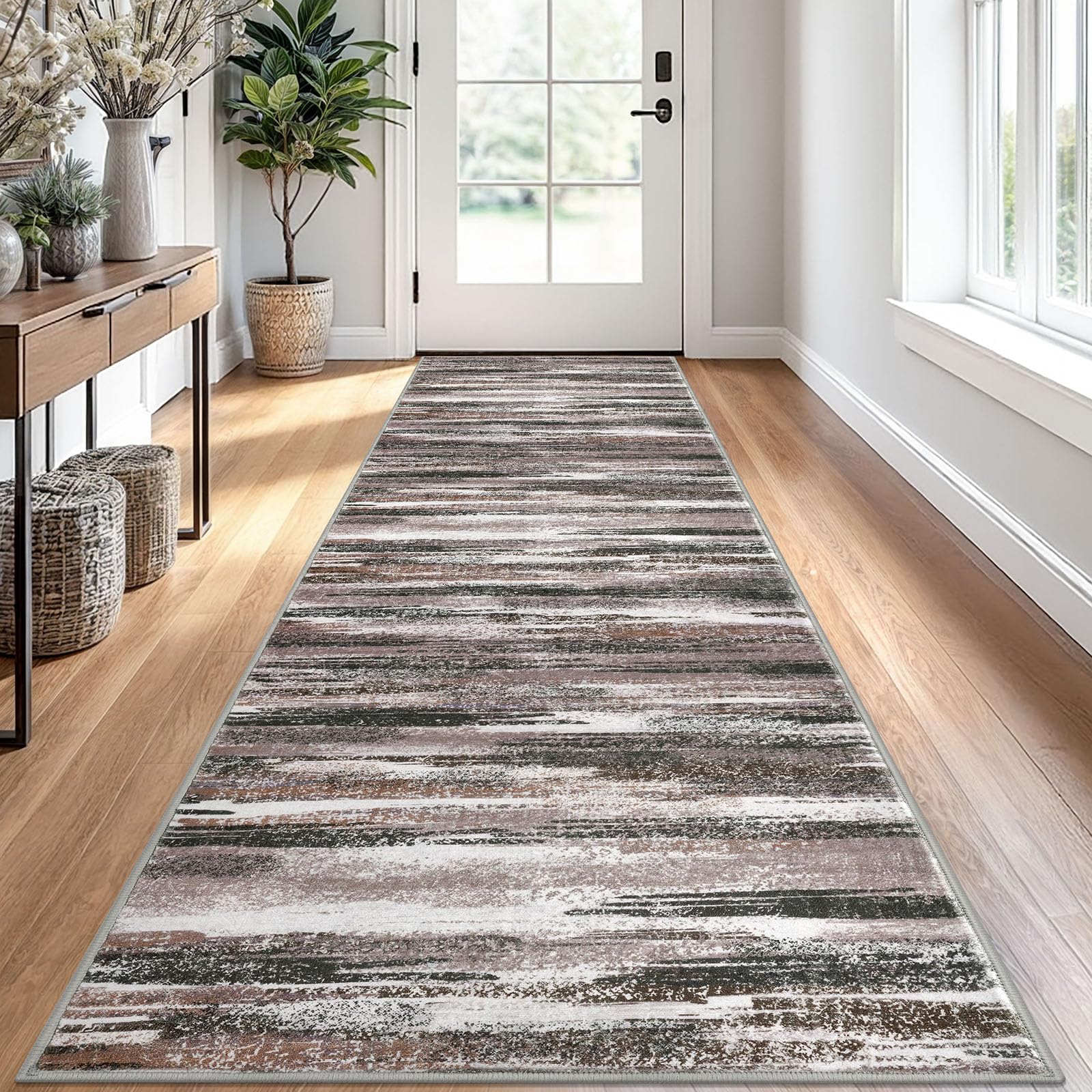 Lansny Modern Abstract Runner Rug 2.6x10, Dark Light Brown White Washable Long Kitchen Runner Non-Slip Soft Hallway Rug Runner Thin Print Faux Wool Carpet for Entryway Bedroom Laundry Room Indoor