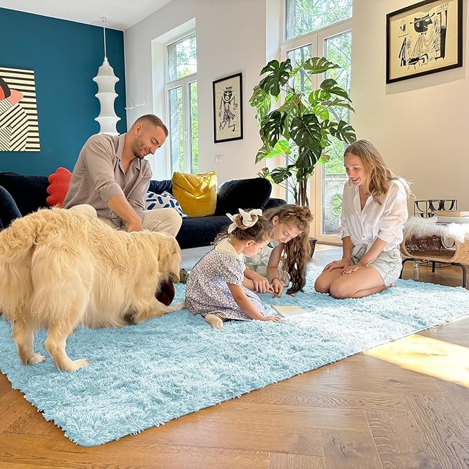 OLANLY 5x8 Machine Washable Large Area Rugs for Living Room, Bedroom, Soft Fluffy Shaggy Bedside Rug, Indoor Floor Carpet for Kids Girls and Boys, Dorms, Nursery, Home Decor Aesthetic, Light Blue