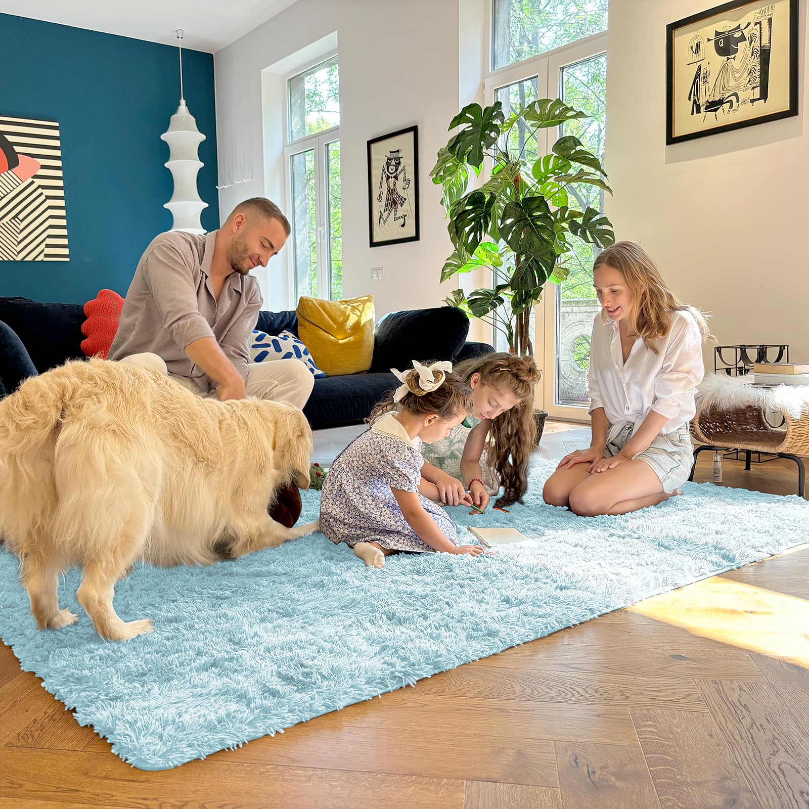OLANLY 3x5 Machine Washable Small Bedside Rug, Soft Fluffy Shaggy Rugs for Living Room, Bedroom, Indoor Floor Carpet for Kids Girls and Boys, Preppy Dorms, Nursery, Home Decor Aesthetic, Light Blue