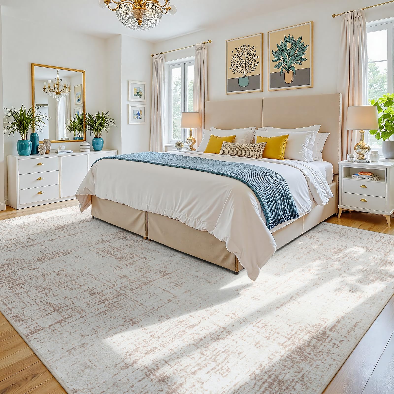 9x12 Washable Area Rug for Living Room Bedroom: Non-Slip Modern Beige White