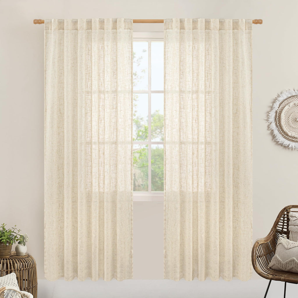LAMIT Beige Faux Linen Curtains for Doorway Living Room 2 Panels Set