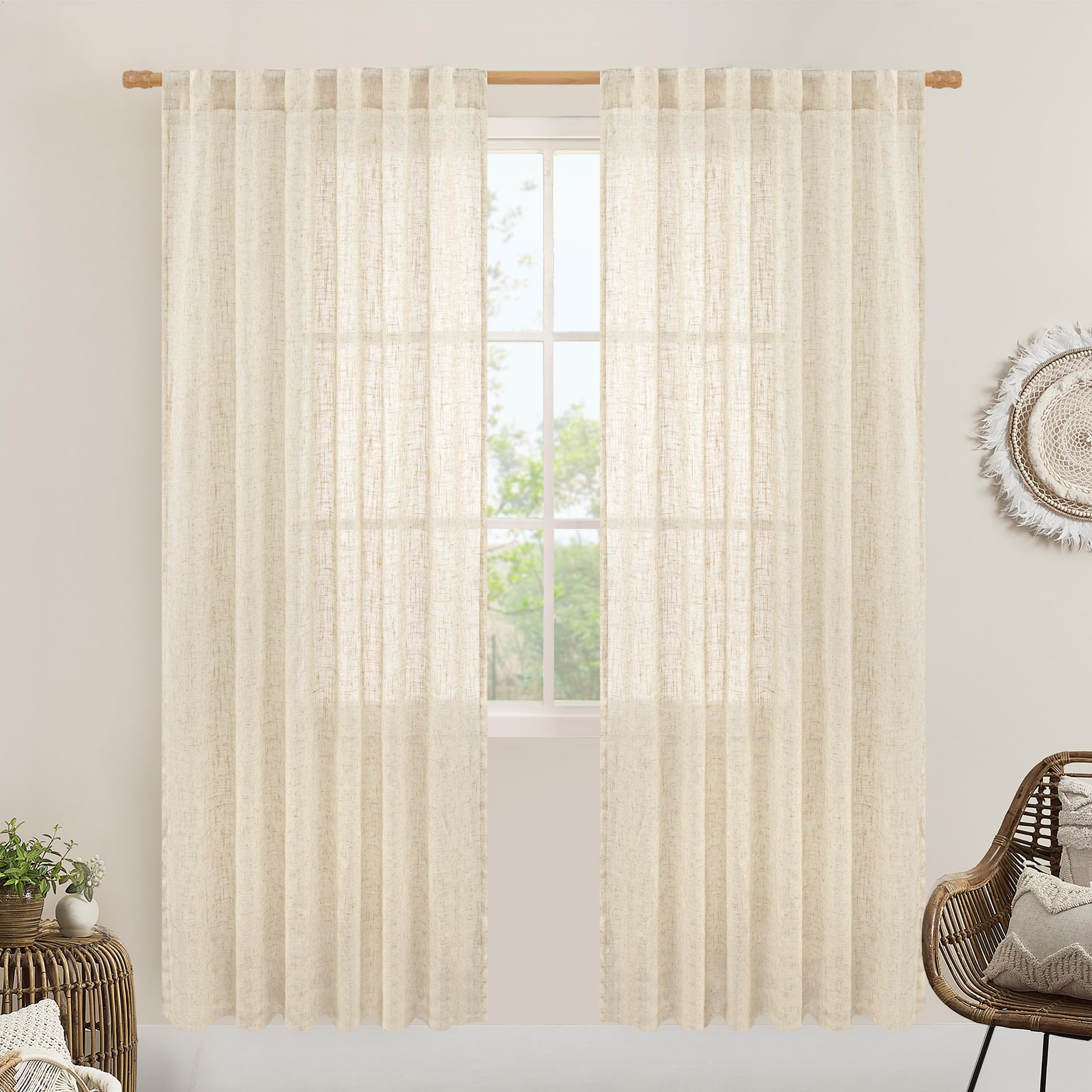LAMIT Beige Faux Linen Curtains for Doorway Living Room 2 Panels Set
