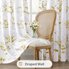HOMEIDEAS Non-See-Through Gold and White Privacy Sheer Curtains 52 X 96 Inches Long 2 Panels, Leaf Floral Printed Light Filtering Semi Sheer Window Curtains Drapes for Bedroom Living Room