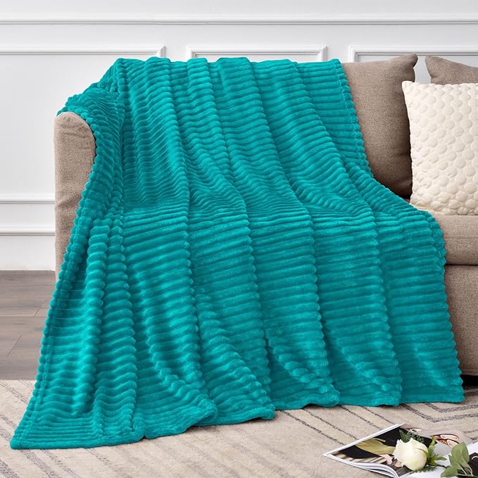 BEDELITE Ribbed Jacquard Ocean Blue Fleece Twin Blanket for Bed, 60x80 Inch