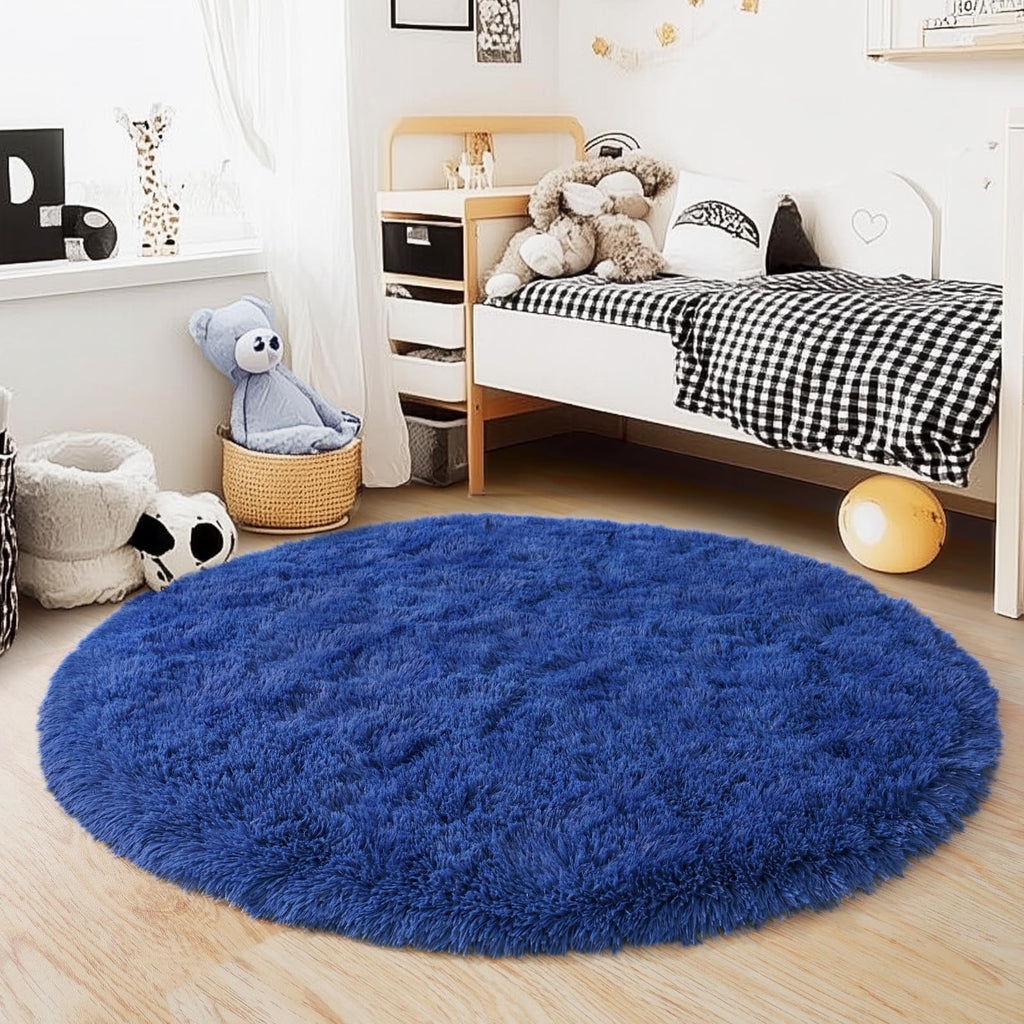 Quntue 5'x5' Blue Round Rug for Bedroom, Ultra Soft Fluffy Circle Rug for Kids Girls Boys Room, Cute Shag Rugs for Living Room Playroom Teen Room Home Decor Rug