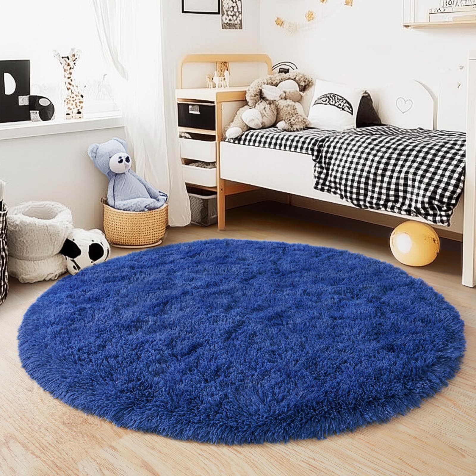 Quntue 5'x5' Blue Round Rug for Bedroom, Ultra Soft Fluffy Circle Rug for Kids Girls Boys Room, Cute Shag Rugs for Living Room Playroom Teen Room Home Decor Rug
