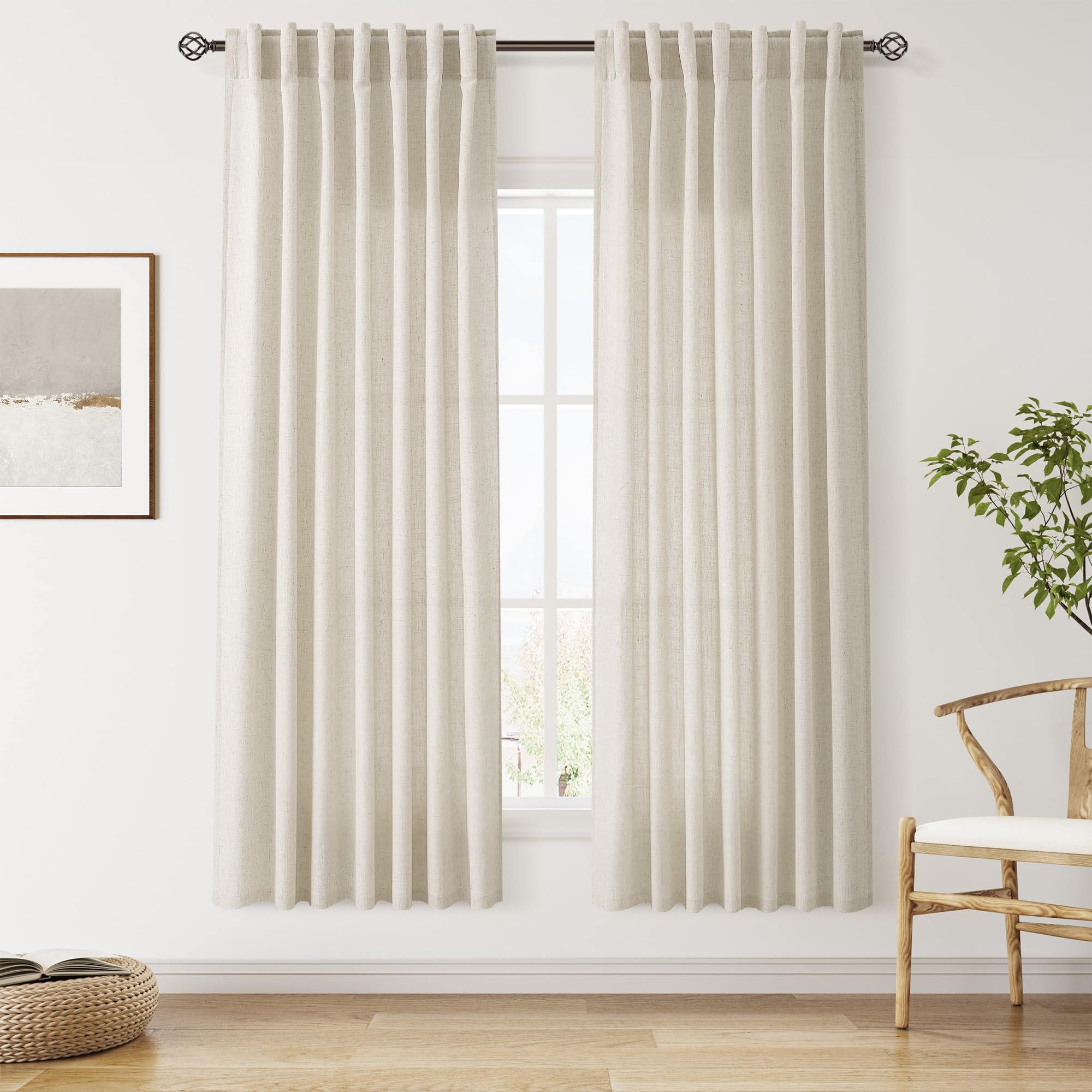 Nanspring Vanilla Linen Curtains for Living Room 72 Inches Long Luxury Light Filtering Semi Sheer Curtain Back Tab Modern Farmhouse Decor Elegant Coastal Drapes for Bedroom Office 52x72, 2 Panels