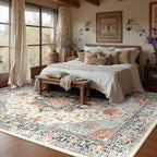 RELEANY Area Rugs 9'x12' Washable Non-Slip, Floral Vintage Distress Print Pattern Medallion Carpet for Living Room Bedroom Dining Room, Beige Navy Blue Orange Colorful