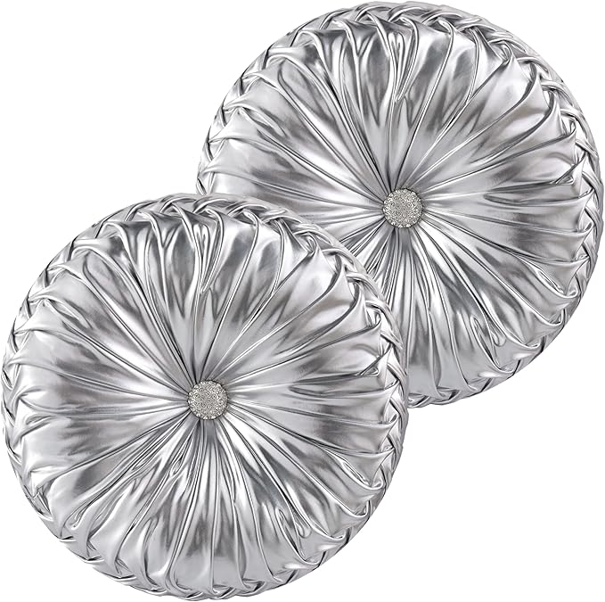 HIG Set of 2 Silver Metallic Leather Decorative Round Pleated Throw Pillows