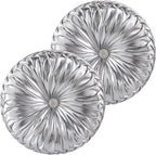 HIG Set of 2 Silver Metallic Leather Decorative Round Pleated Throw Pillows