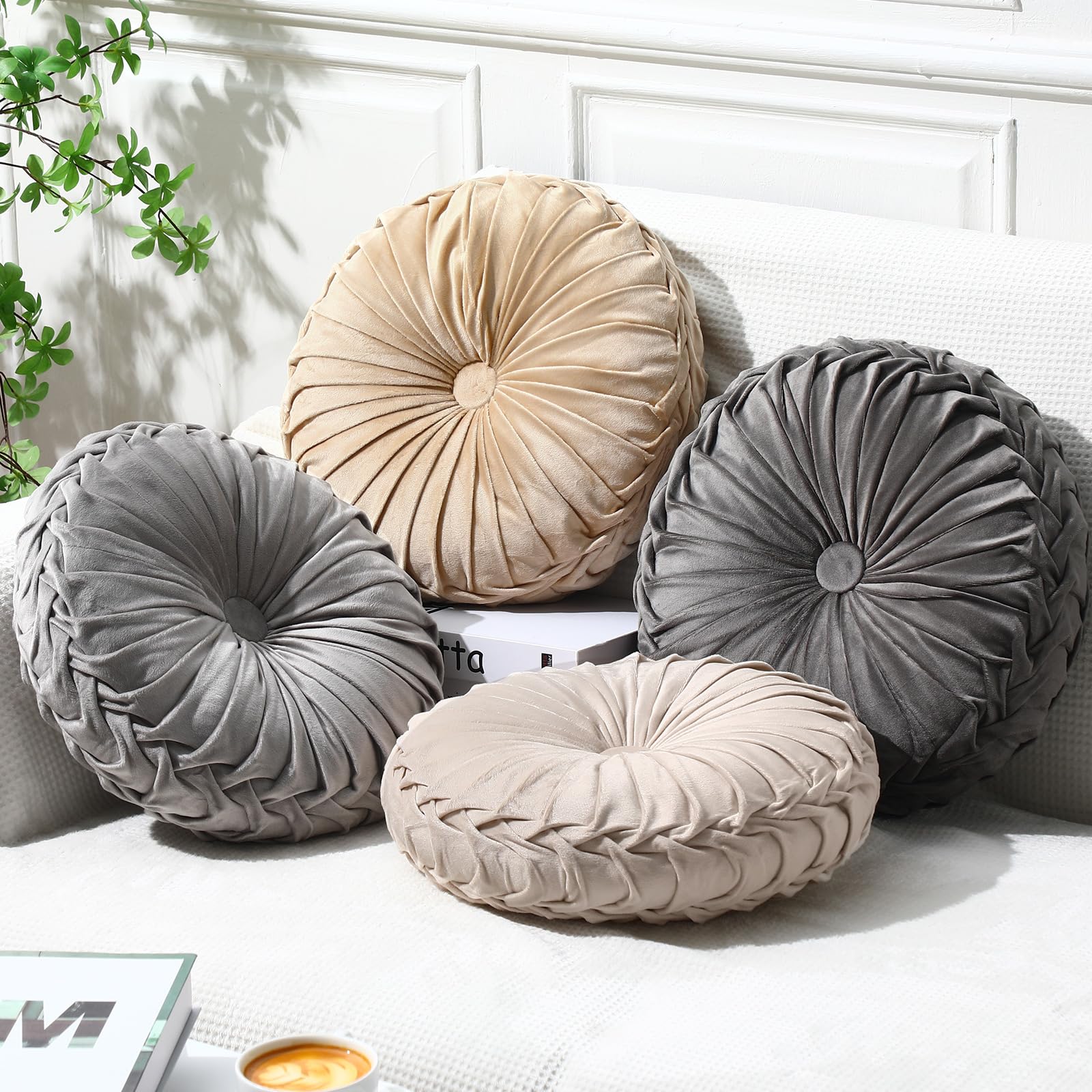 Kathfly 4 Pcs Decorative Round Pleated Throw Pillows, Classy Velvet Pumpkin Round Throw Pillows, Decorative Floor Pillow for Bed Chair Home Sofa Decor, 14" Diameter (Beige,Khaki,Gray,Dark Gray)