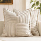 MIULEE Decorative Euro Sham Throw Pillow Covers for Couch Bed Livingroom 22x22 Inch Set of 2 Beige Boho Accent Throw Pllows Broadside Striped Patchwork Soft Corduroy Pillowcases