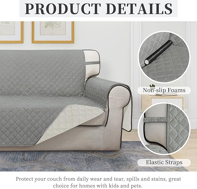 ISSUNTEX Double Protection 100% Waterproof Sofa Covers for Living Room, Reversible Furniture Protector for Dogs, Pets, Kids (Light Gray/Ivory)