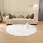ORINOVA White Fluffy Faux Fur Rugs for Bedroom Sheepskin Machine Washable Shag Area Rugs for Living Room Small Circle Boho Round Rug 3ft