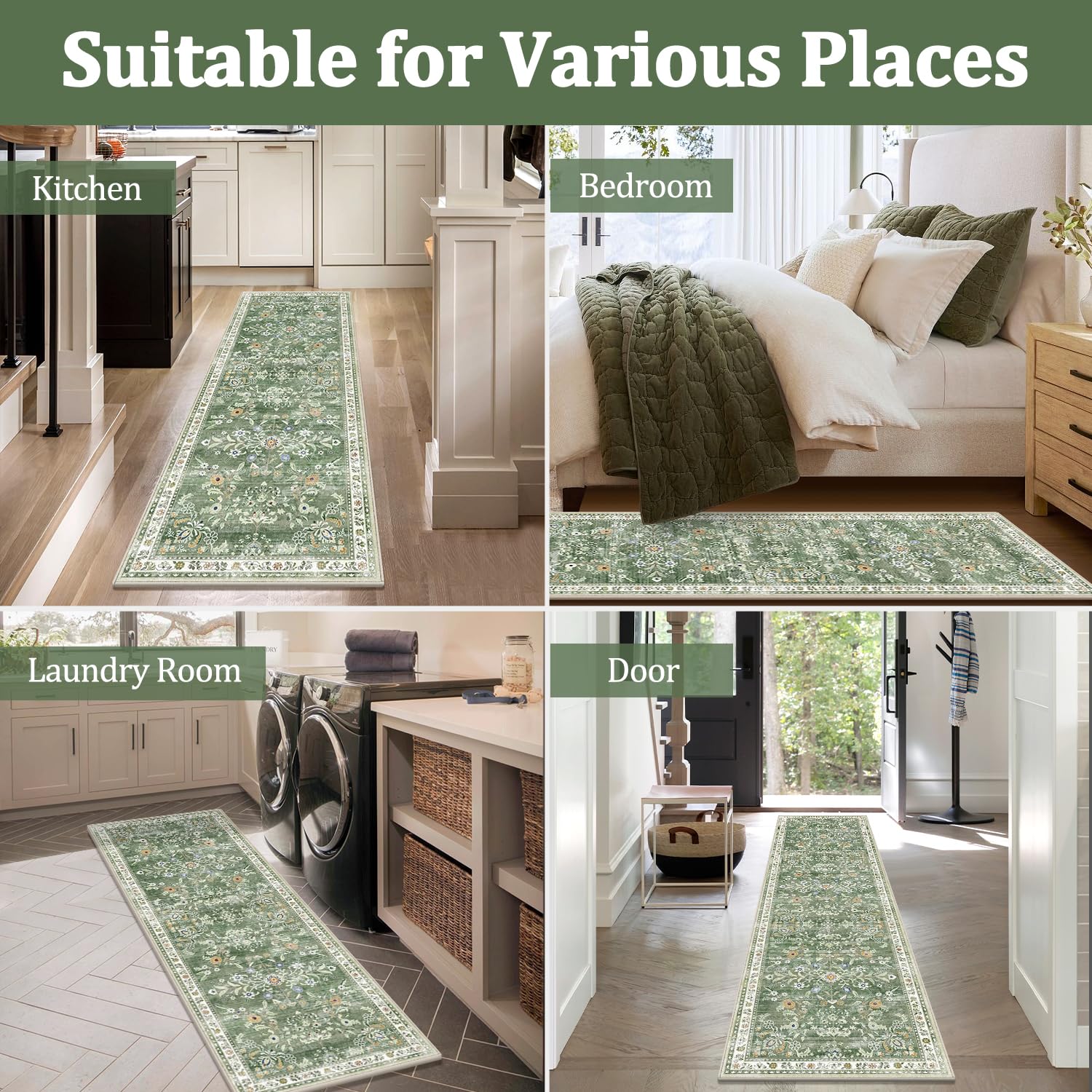 Yamaziot 2x3+2x4+2x5Ft Washable Kitchen Rug Set of 3 Non Slip, Sage Green