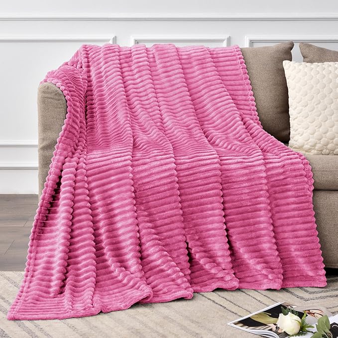 BEDELITE Fleece Blanket Twin Size – 3D Ribbed Jacquard Soft and Warm Decorative Fuzzy Blankets – Cozy, Fluffy, Plush Lightweight Throw Blankets for Couch, Bed, Sofa(Hot Pink, 60x80 inches)