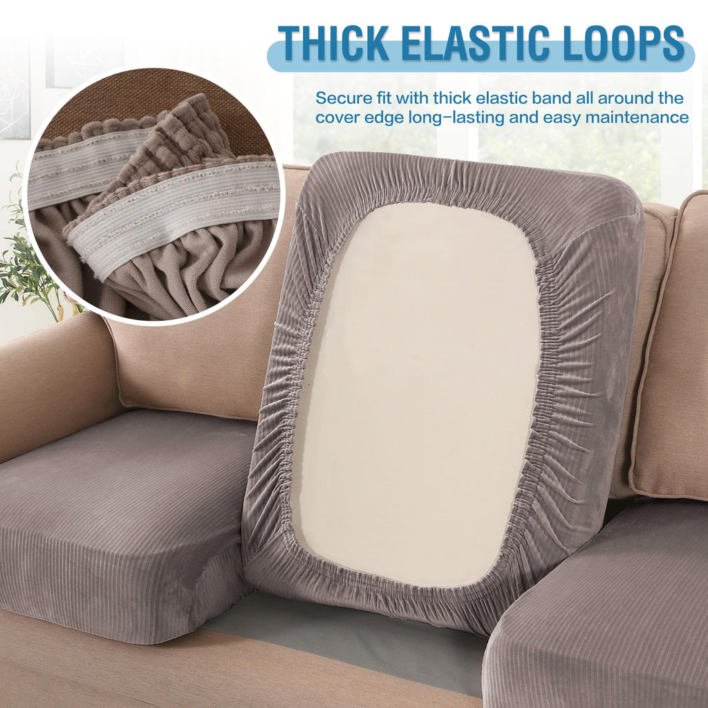 H.VERSAILTEX Velvet Stretch Couch Cushion Cover Plush Cushion Slipcover for Chair Loveseat Sofa Cushion Furniture Protector Seat Cushion Sofa Cover (3 Piece XL Sofa Cushion Covers, Taupe Striped)