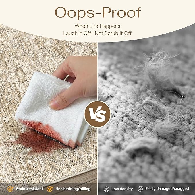 6x9 Washable Area Rug for Living Room Bedroom Vintage Beige Carpet Soft Low Pile Traditional Retro Non Slip Throw Rug for Dining Room Entryway Indoor Dorm Kitchen