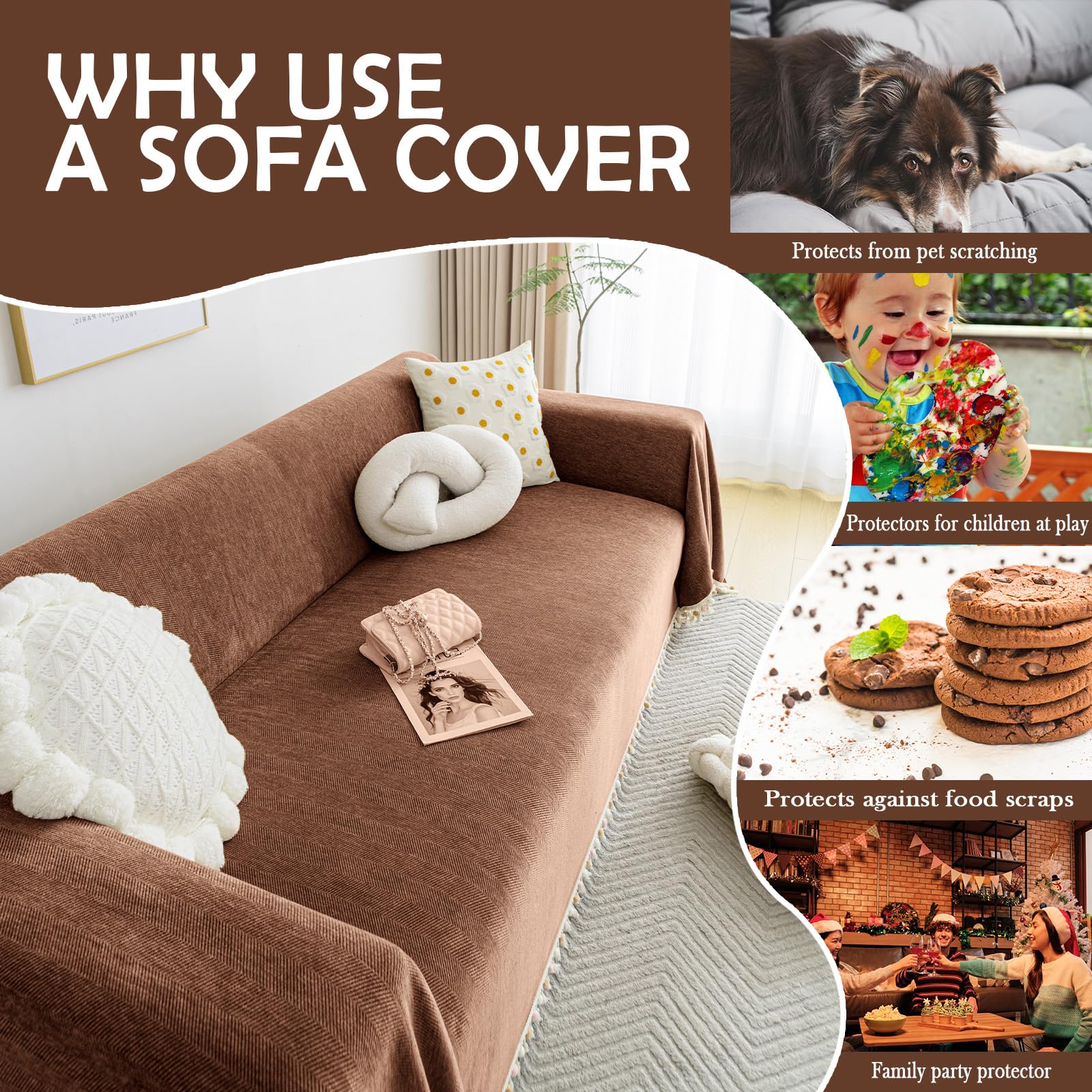HANDONTIME Boho Style Sofa Cover with Tassels, Washable & Non-Slip Couch Cover for 3 Cushion Sofa, Herringbone Pattern Pet-Friendly Sofa Slipcover, Chocolate Color, 91"x134", Living Room Decor