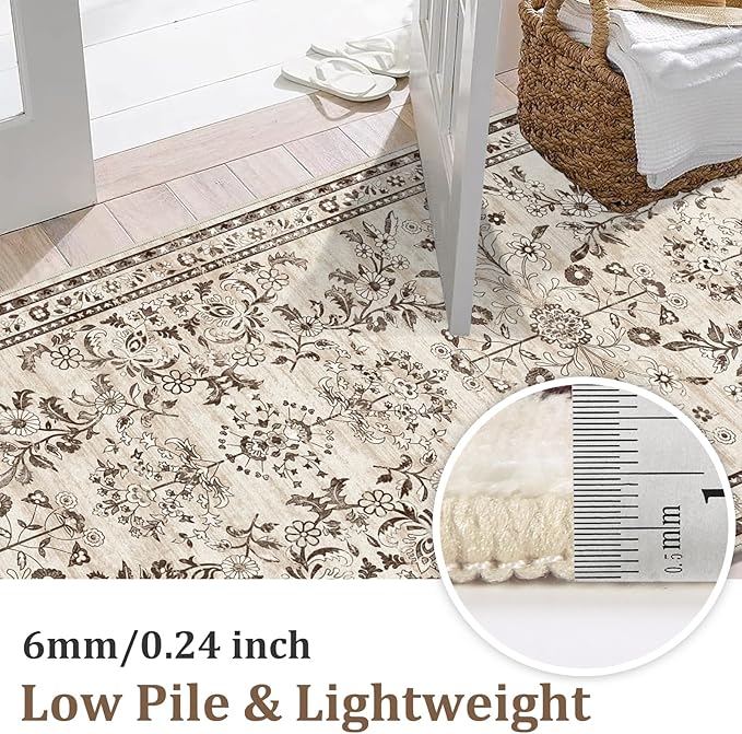 Yamaziot Washable Runner Rug 2x8 – Non Slip Boho Floral Hallway Runner Rug with Rubber Backing, Low Pile Faux Wool Distressed Carpet for Kitchen, Laundry, Bedroom, Entrance, Brown