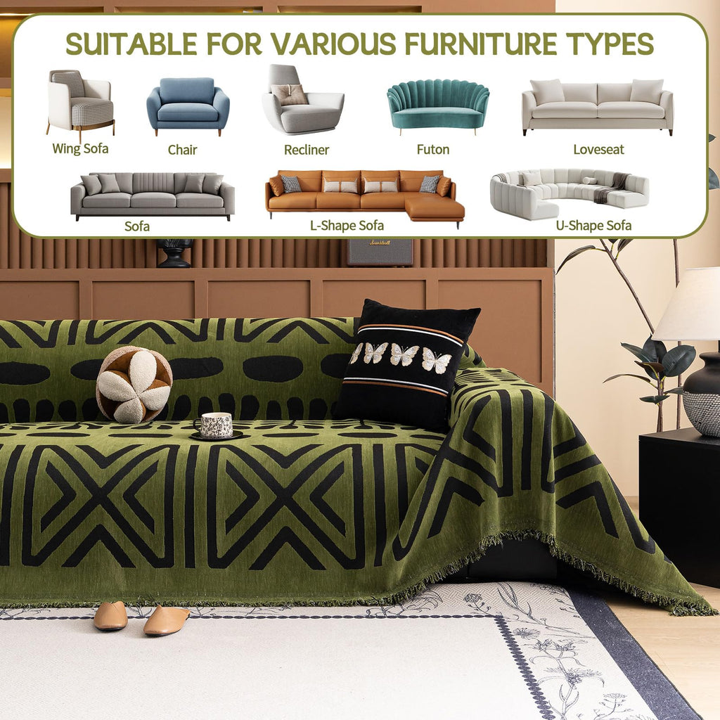 HANDONTIME Boho Couch Cover Geometric Striped Pet Covers for Couches and Sofas Olive Green and Black Dog Cover for Couch Pet Friendly Chenille Sectional Sofa Covers for Pets Washable, 71" X 150"