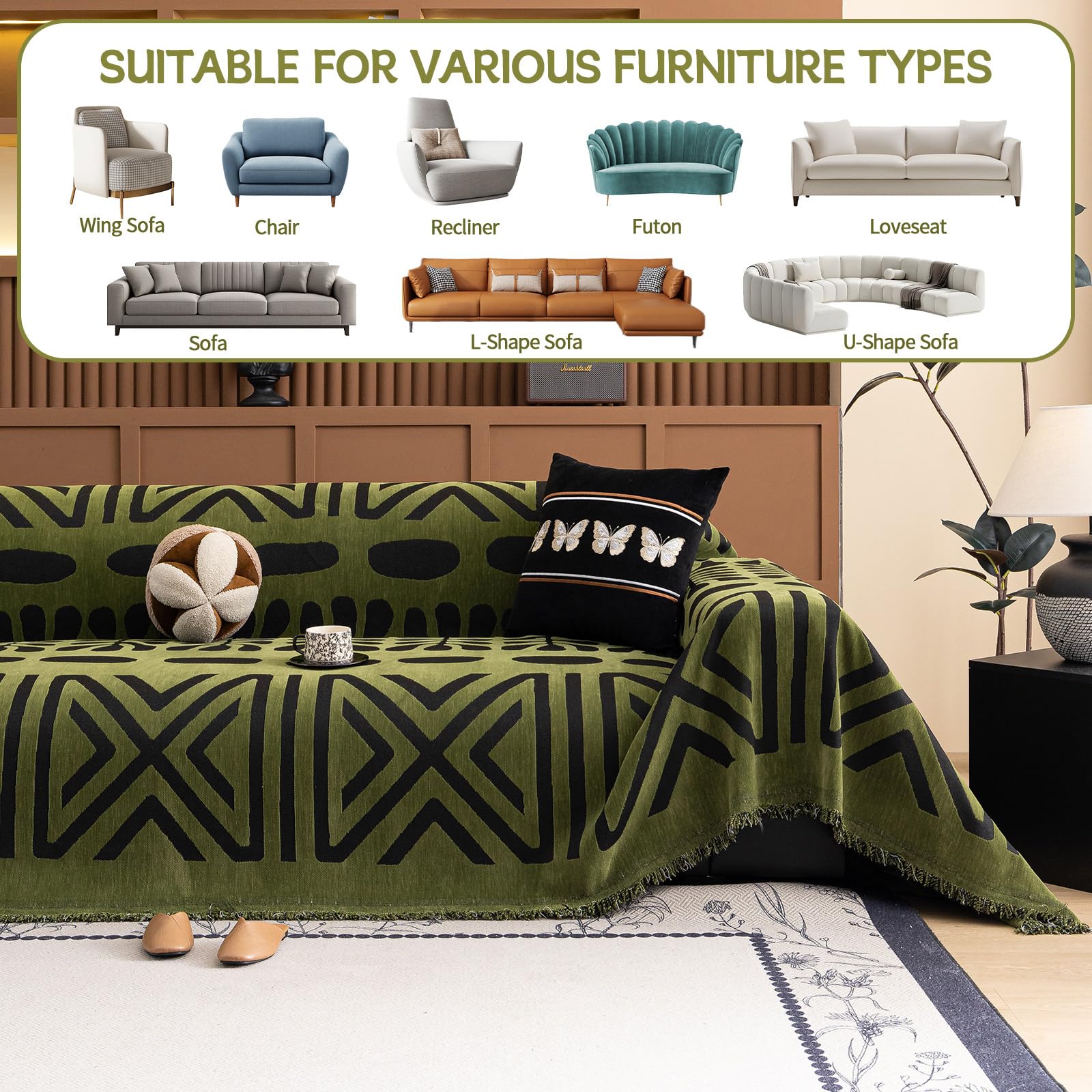 HANDONTIME Boho Couch Cover Geometric Striped Pet Covers for Couches and Sofas Olive Green and Black Dog Cover for Couch Pet Friendly Chenille Sectional Sofa Covers for Pets Washable, 71" X 150"