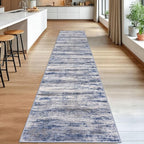 KOZYFLY Modern Abstract Washable Rug Runner 2.6x14 Hallway Rug Runner Non-Slip Soft Kitchen Runner Rugs, Grey-Blue Striped Carpet for Entryway Bathroom Laundry Room Foyer