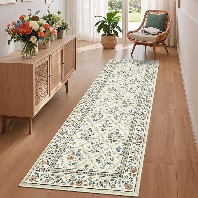 GarveeHome Washable Kitchen Runner 2x6 Non-Slip Floral Carpet Runner for Entryway Indoor Ultra Soft Stain Resistant Long Rugs Farmhouse Floor Mat for Hallways Laundry Bedroom Beige