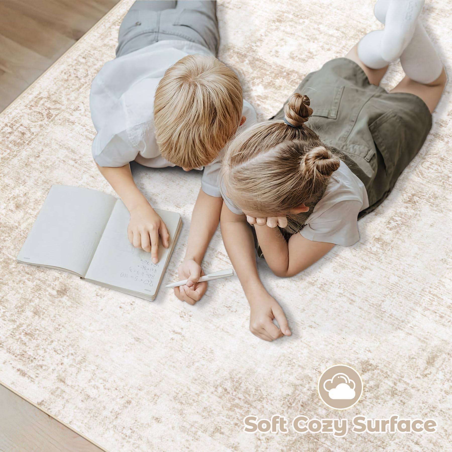 VECARF Area Rug 10x14 Washable Rug, Vintage Boho Medallion Rugs Non-Slip Soft Low Pile Large Distressed Rug Indoor Retro Carpet for Living Room Bedroom Dining Room Home Office (Beige, 10'x14')