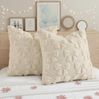 decorUhome Beige Bow Cute Girl Faux Fur Throw Pillow Covers 18x18 Set of 2
