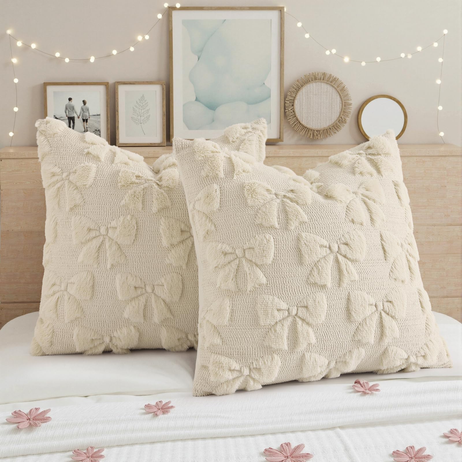 decorUhome Beige Bow Cute Girl Faux Fur Throw Pillow Covers 18x18 Set of 2