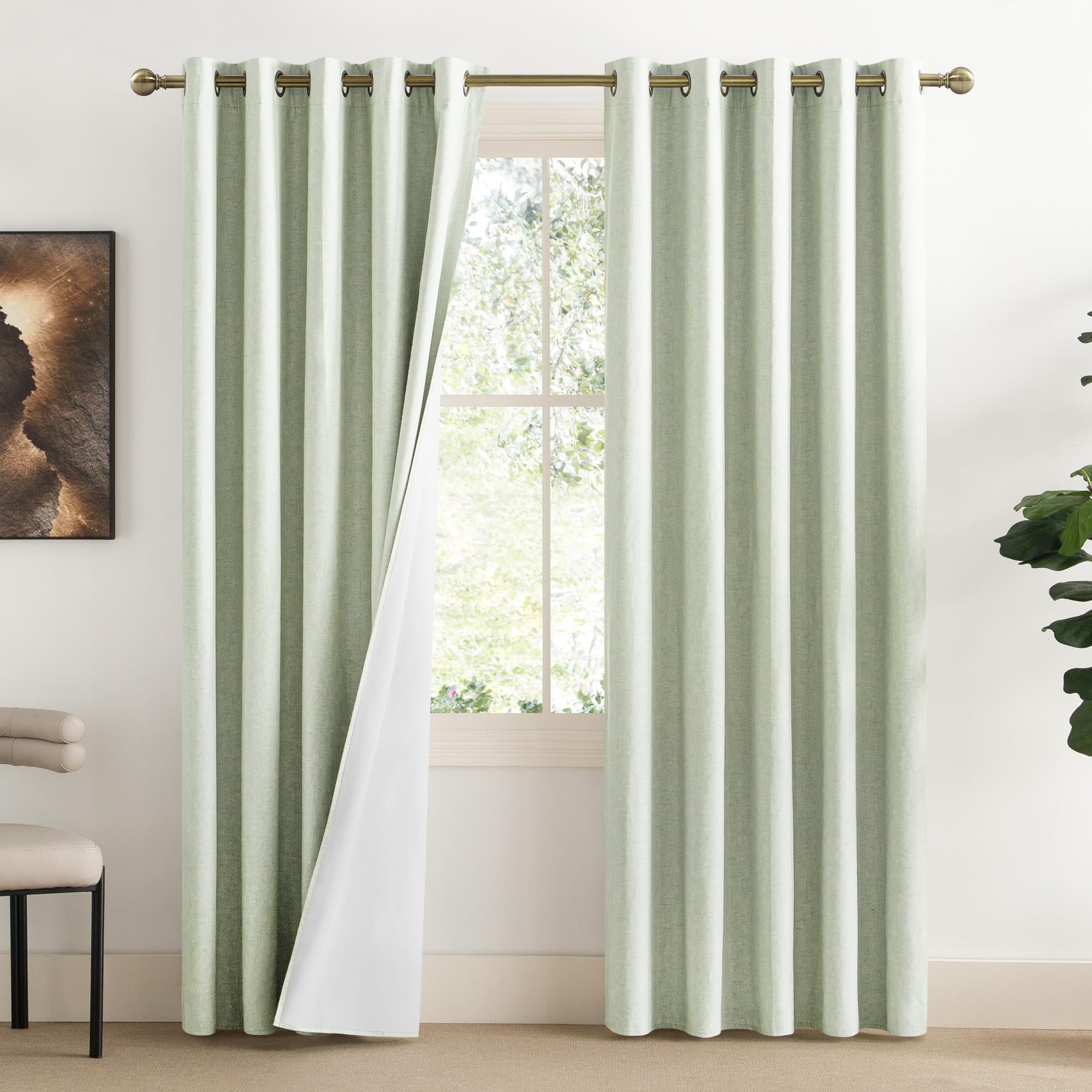 NICETOWN Sage Green High-End Thermal Flax Linen Curtains, 62" Wide Per Panel, Set of 2, Full Blackout Privacy Drapes 72" Long for Dining Room, Soundproof Window Treatment Panels for Hall Room