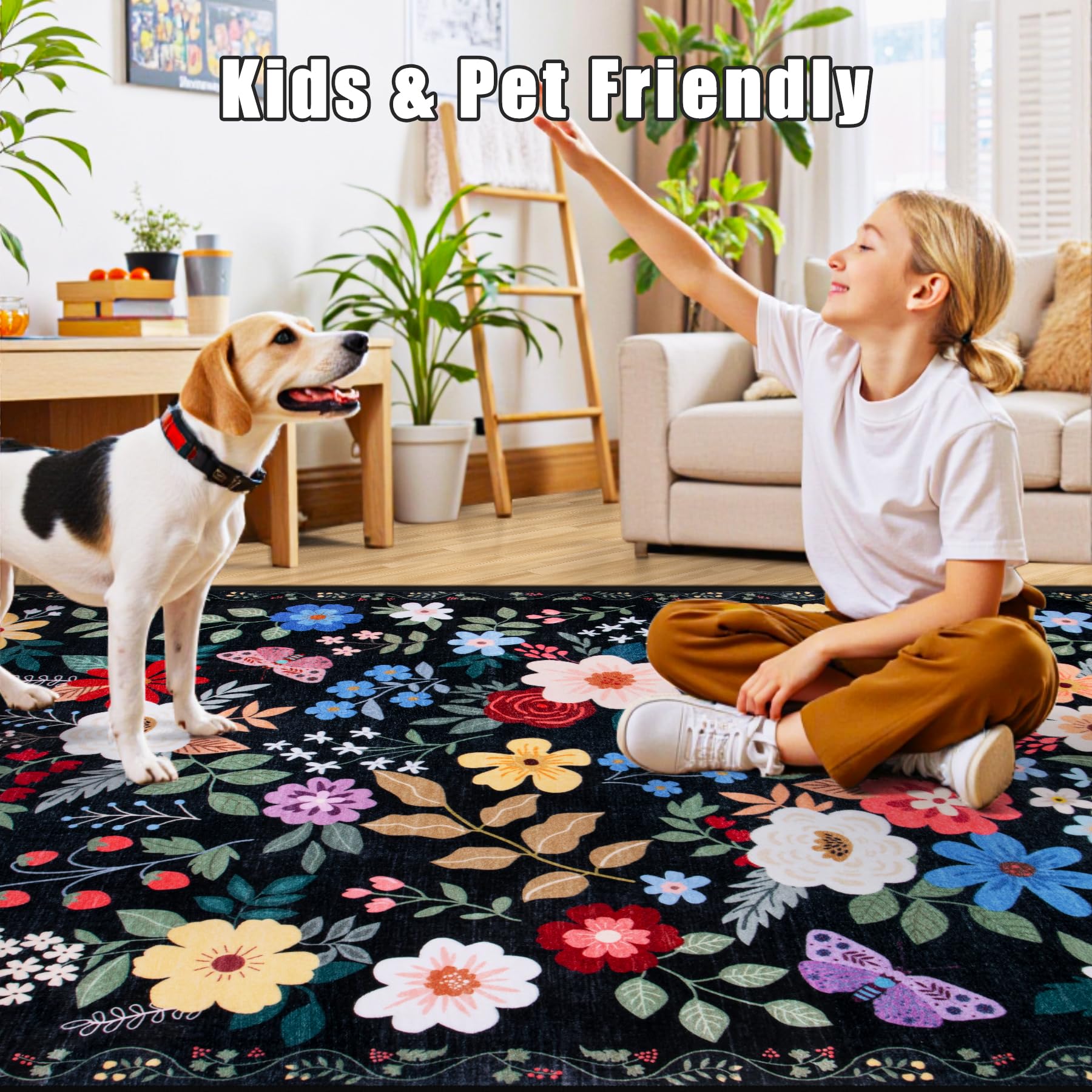 PLHXFR Area Rug Living Room: 4x6 Floral Washable Boho Soft Carpet Black