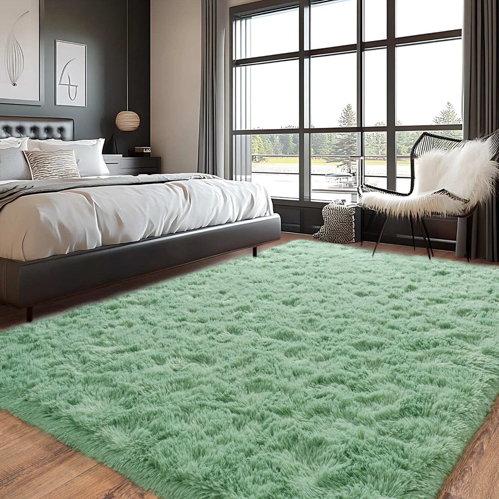 Pionblank Large Rug for Living Room 6x9, Modern Shag Area Rug, Mint Green