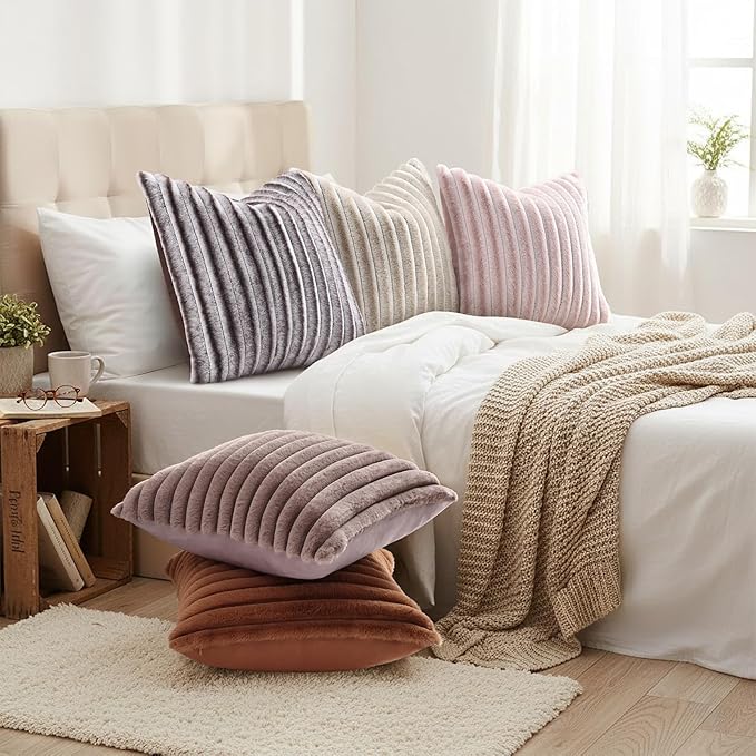 decorUhome Cozy Faux Fur Throw Pillow Covers 18x18 Set of 2 Decorative Soft Plush Striped Modern Farmhouse Boho Couch Pillow Cases with Velvet Back for Sofa Bed Living Room, Brown
