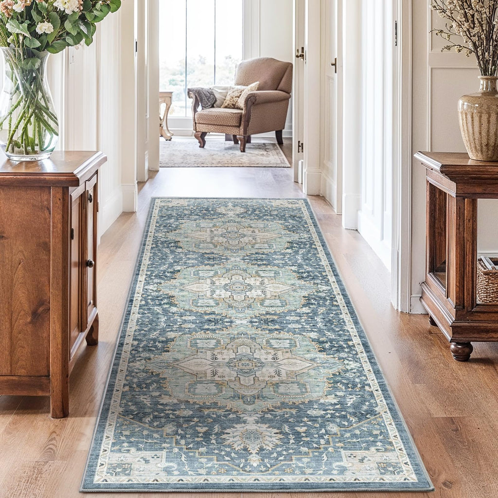 AMADA HOMEFURNISHING 2'6"x10' Washable Area Rug, Low-Profile Entryway Rug with Non-Slip Backing & Durable Edge Binding, Vintage Rug Pattern, Small Rugs for Entryway, Kitchen & Living Room