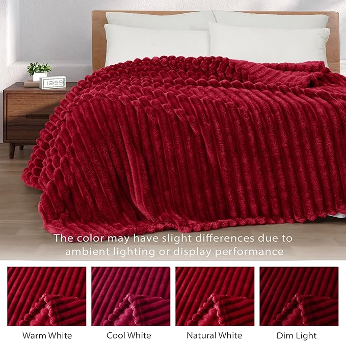 Exclusivo Mezcla King Size Flannel Fleece Blanket, Super Soft Striped Jacquard Bed Blanket, Lightweight Fuzzy Cozy for All Seasons, 90x104 Inches, Deep Red