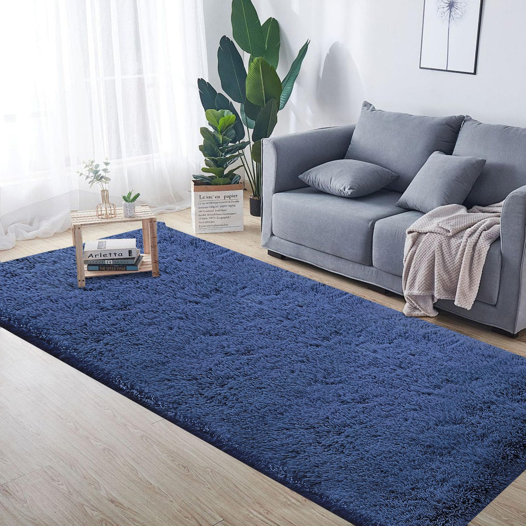 2x6 Runner Rug for Bedroom: Fluffy Shag Soft Washable Rugs Small Fuzzy Plush Indoor Carpet for Hallway Bedside Dorm Kids Girls Boys Room (Navy Blue, 2'x6')
