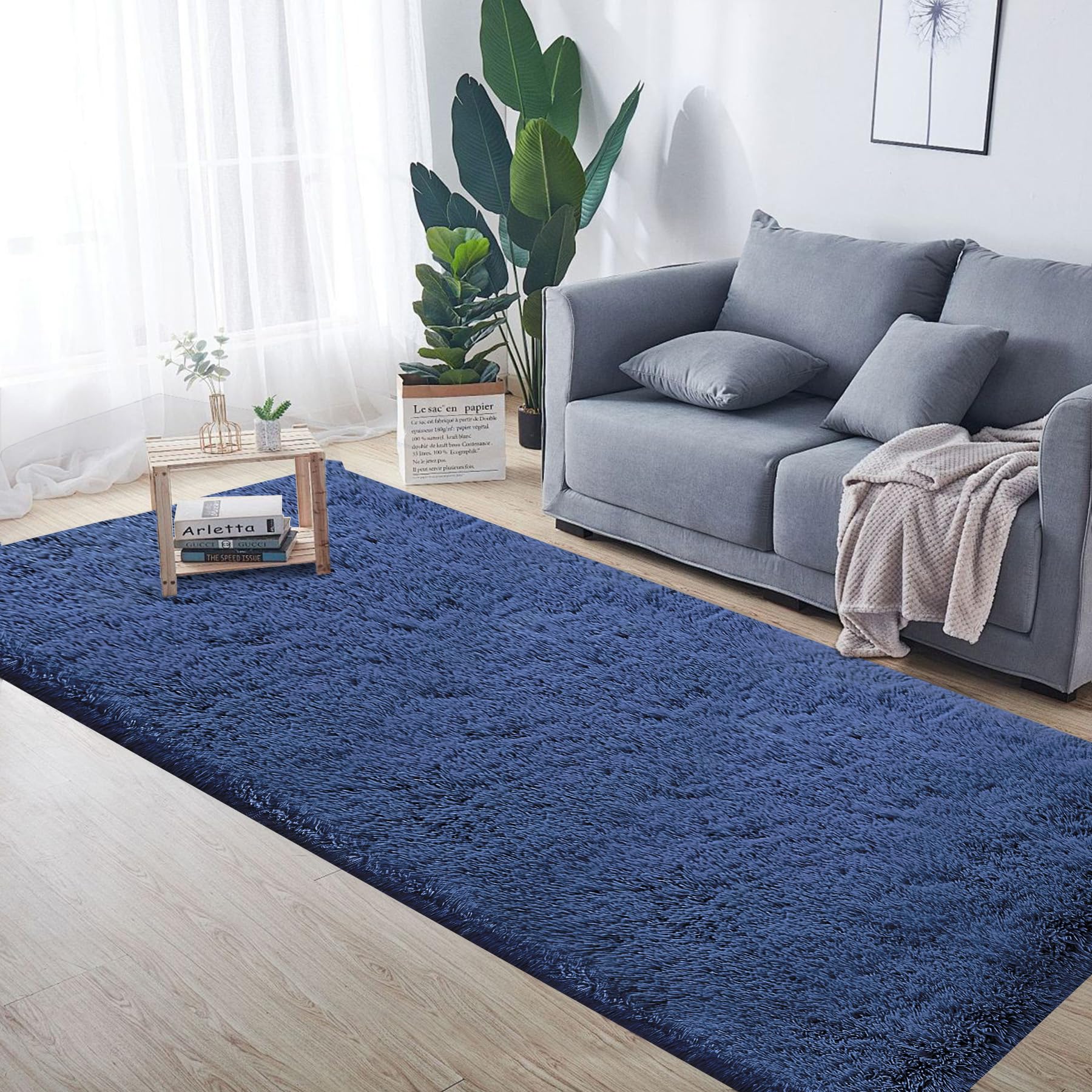 2x6 Runner Rug for Bedroom: Fluffy Shag Soft Washable Rugs Small Fuzzy Plush Indoor Carpet for Hallway Bedside Dorm Kids Girls Boys Room (Navy Blue, 2'x6')