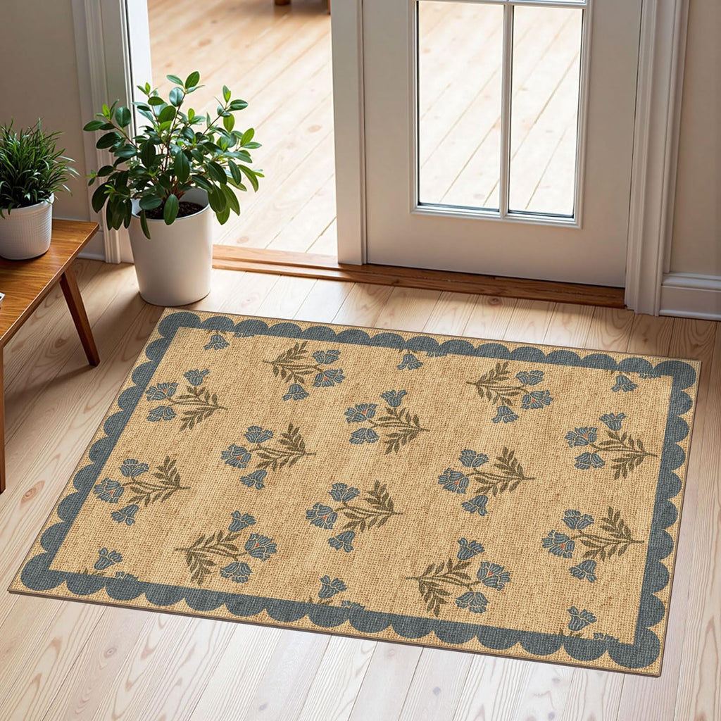 Othilic Front Door Mat Outside Entrance - 2x3 Floral Non-Slip Washable Doormat Indoor Outdoor Mat Jute-Look Farmhouse Blue Scalloped Entry Rug Small Throw Rugs for Entryway Kitchen Front Porch Decor