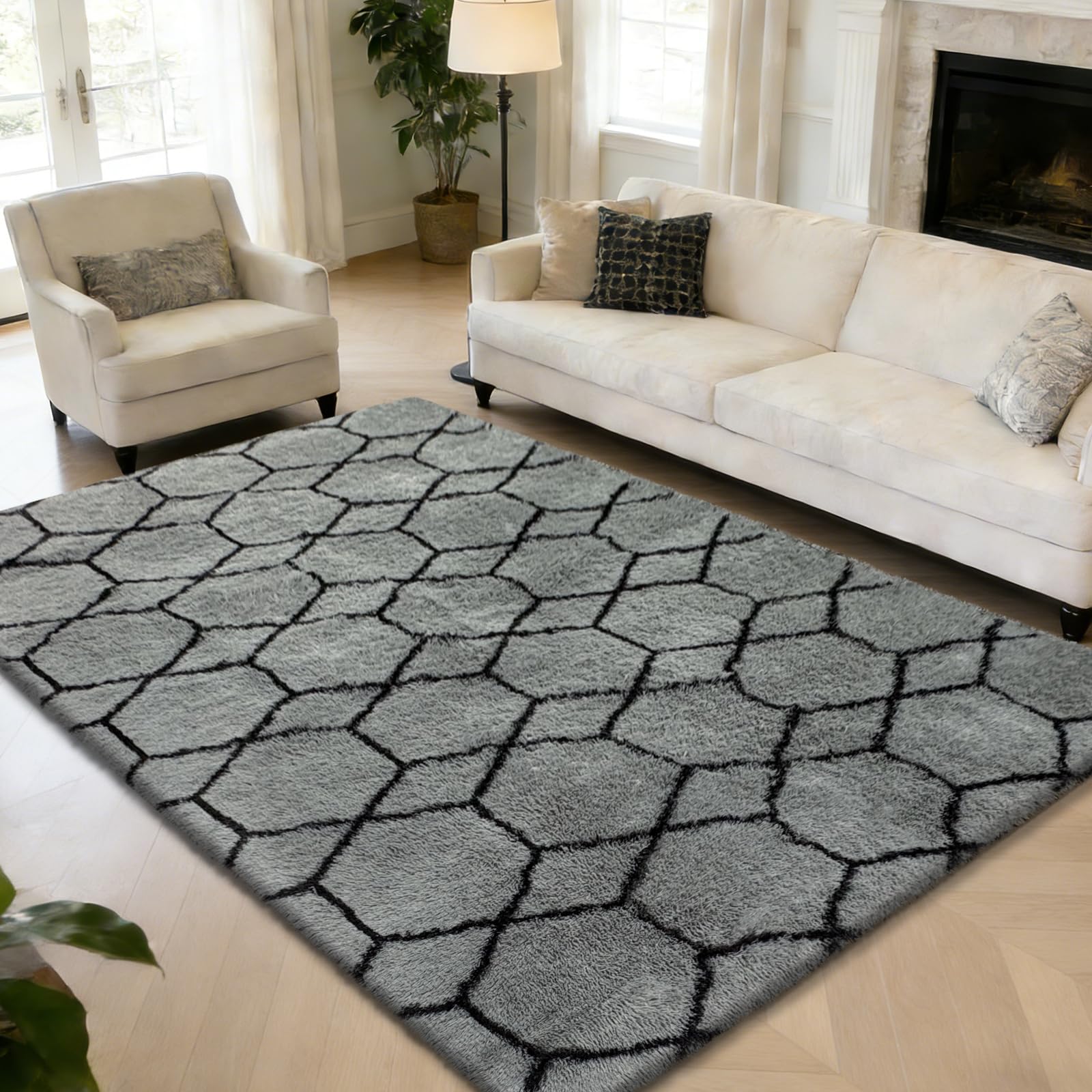 8x10 Fluffy Area Rugs for Living Room,Grey and Black Shag Rug for Bedroom