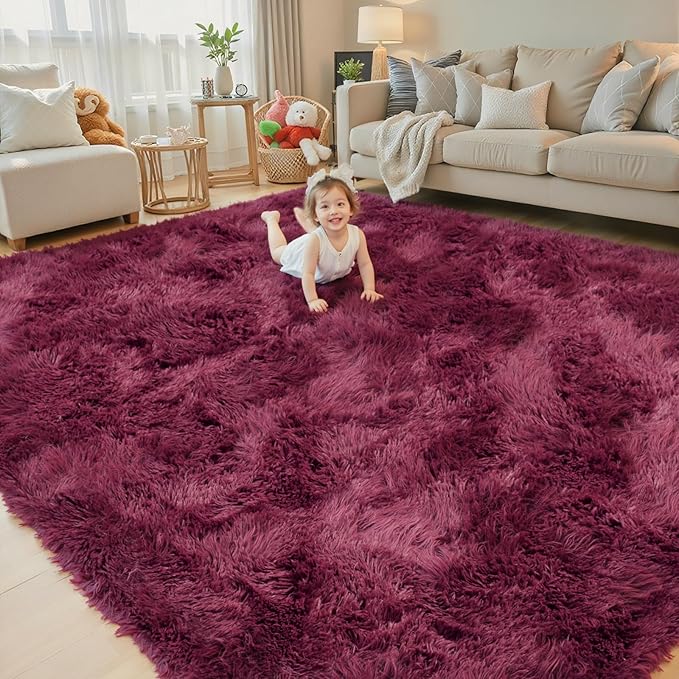 Area Rugs 9x12 Living Room, Burgundy Large Shaggy Carpet Plush Furry Rug